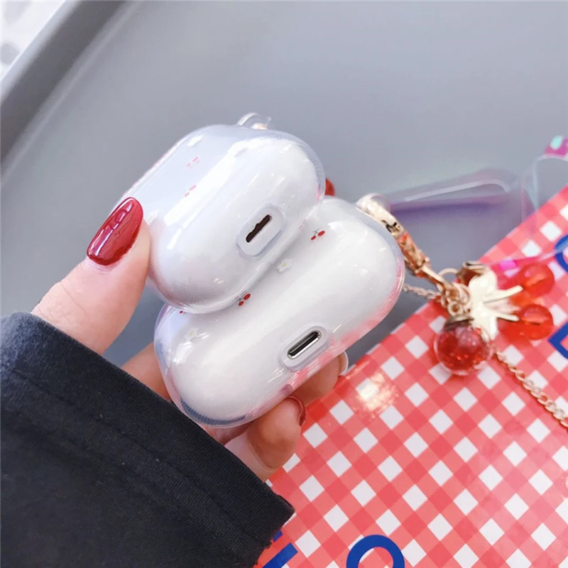 Airpods 1/2 proケース,bluetoothワイヤレスヘッドフォン用の素敵なチェリーパターンソフトtpuケース,キーリング