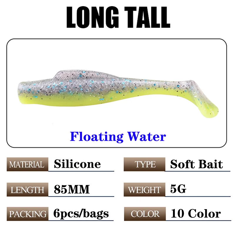 6pcs/Lot Floating Silicone Soft Bait 85mm 5g T Tail Jigging Wobbler Lure Fishing Tackle for Bass Pike Trout Aritificial Swimbait