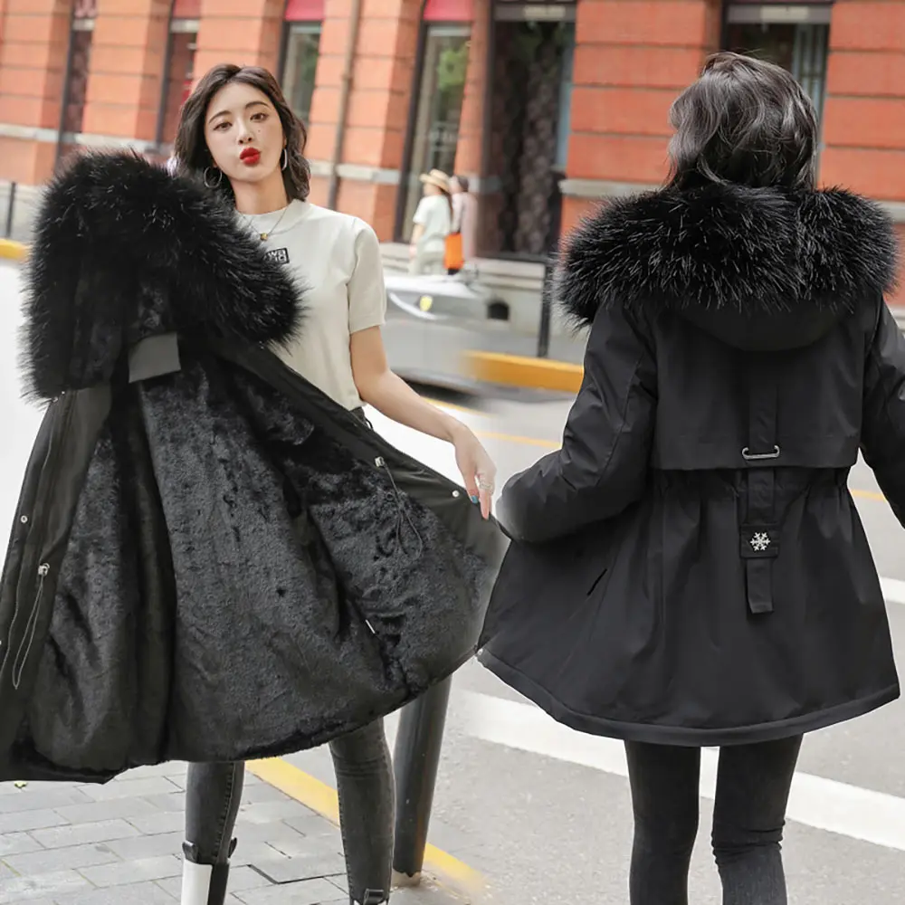 Vielleicht 2021 New Winter Jacket Women's Parkas Hooded Coat Casual Long Fur Lining Cotton Padded Warm Female Jacket Outwear