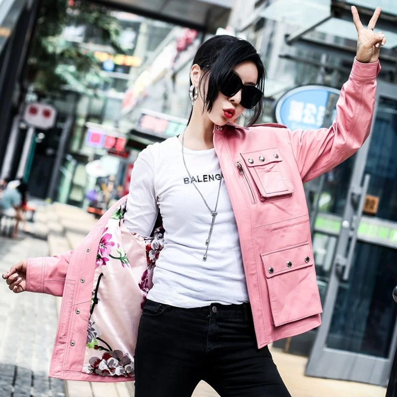 Autumn Womens Genuine Leather Jacket Luxury Streetwear Slim Sheepskin Short Coat Fashion Pink Blue Zipper Rivets Biker Jacket