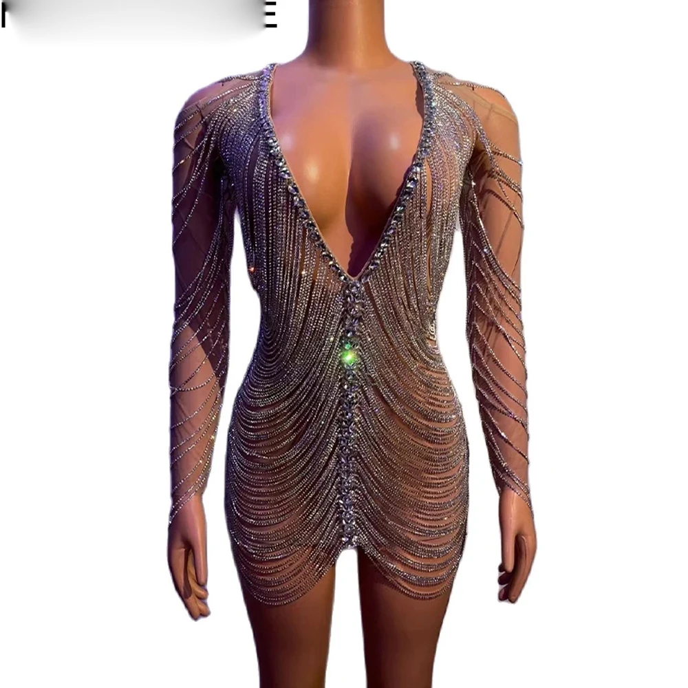 

Club Sexy Stage Crystals Chains Hollow Dress Party Wedding Birthday Singer Nightclub See Through costume