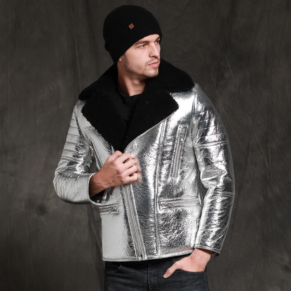 2019 New Mens Silver B3 Shearling Jacket - Short Sheepskin Leather Coat, Fashion Winter Coats, Fur Jacket