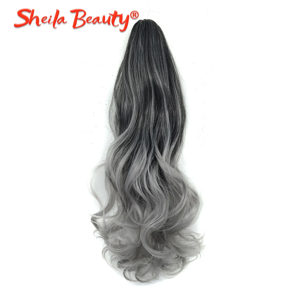 Ombre Grey Drawstring Ponytail Long Wavy Curly Overhead Ponytail Clip in Hair Extensions de cabello Natural Synthetic Hairpieces