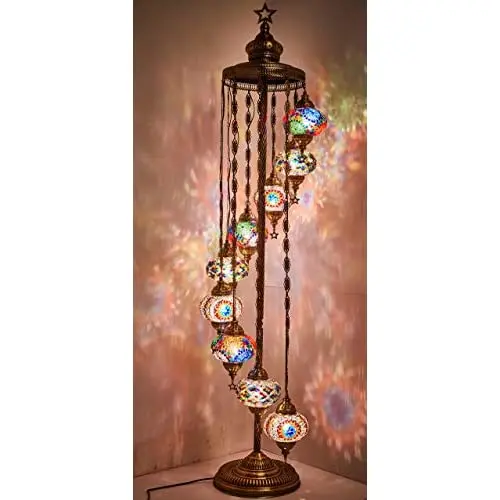 

LaModaHome - 9 Big Globes English Moroccan Mosaic Floor Lamp Light, bohemian Boho Tiffany Mosaic Floor Lamp with North American