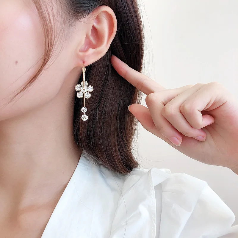 HUAMI Flower Drop Earrings for Women Fine Jewelry Crystal White Color Copper  with Real Gold Earrings Silver Needle for Lady