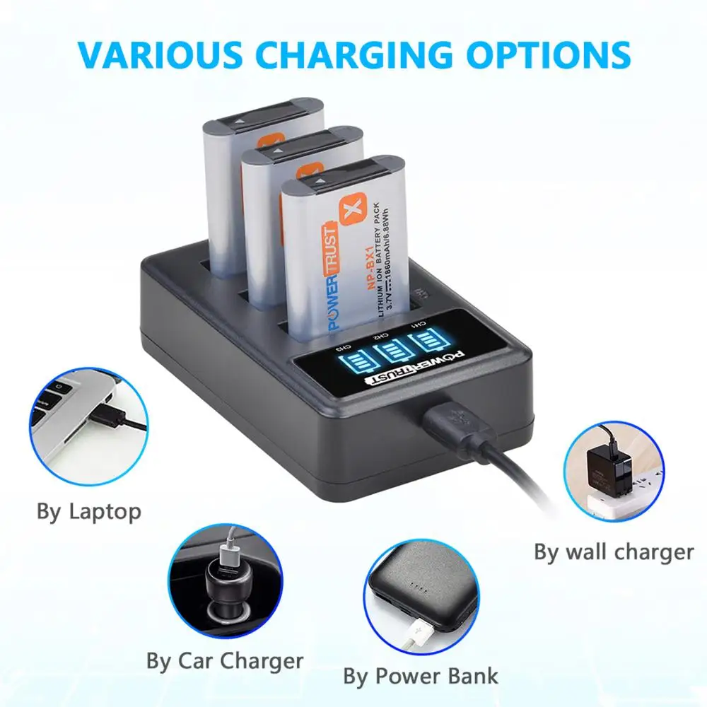 PowerTrust NP-BX1 1860mAh NP-BX1 Battery and LED 3Slots Charger for Sony NP-BX1 HDR-AS200V HDR-AS30 HDR-AS300 HDR-AS50 HDR-CX240