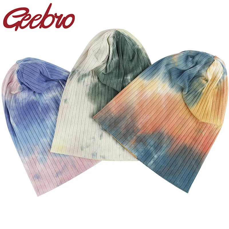 Geebro New Women Tie dye Ribbed Soft Beanie Hat Slouchy Caps Ladies Autumn Cotton Multicolor Skullies Bonnet baggy Hats