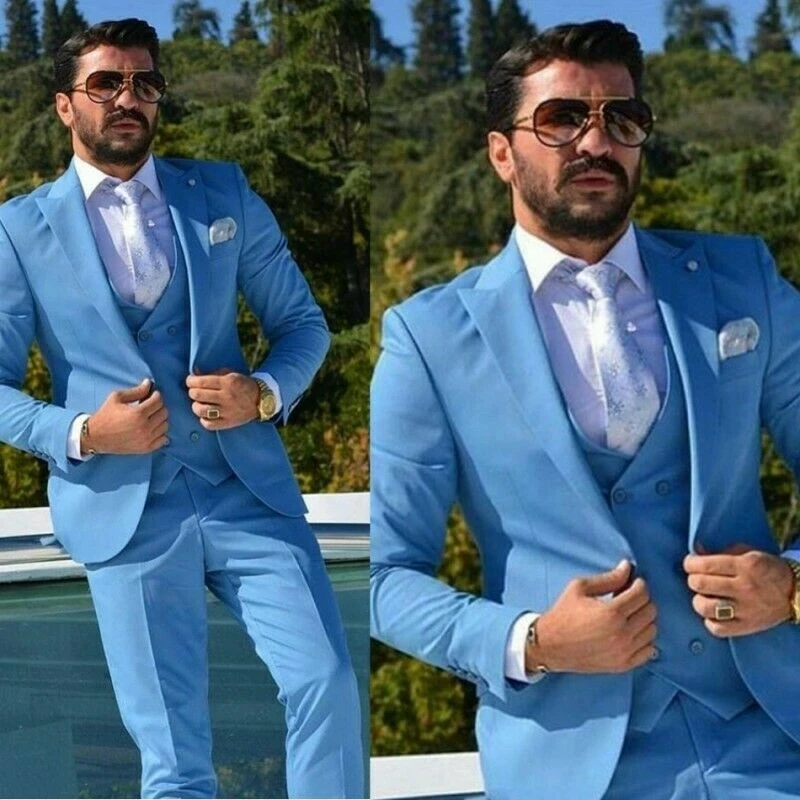 

Fashion Blue Mens Suits Groom Wedding Wear Suit Slim Tuxedos Peak Lapel Custom Made 3 Pieces