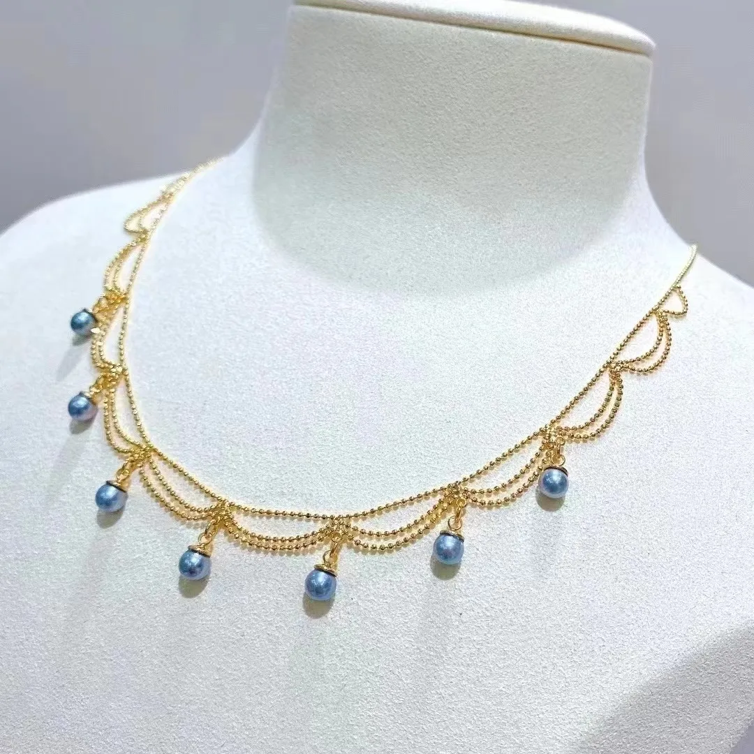 

MJ807 14K Gold Filled Round 6mm-7mm Fresh Water Rose Blue Pearls Necklaces for Women Fine Birthday's Presents