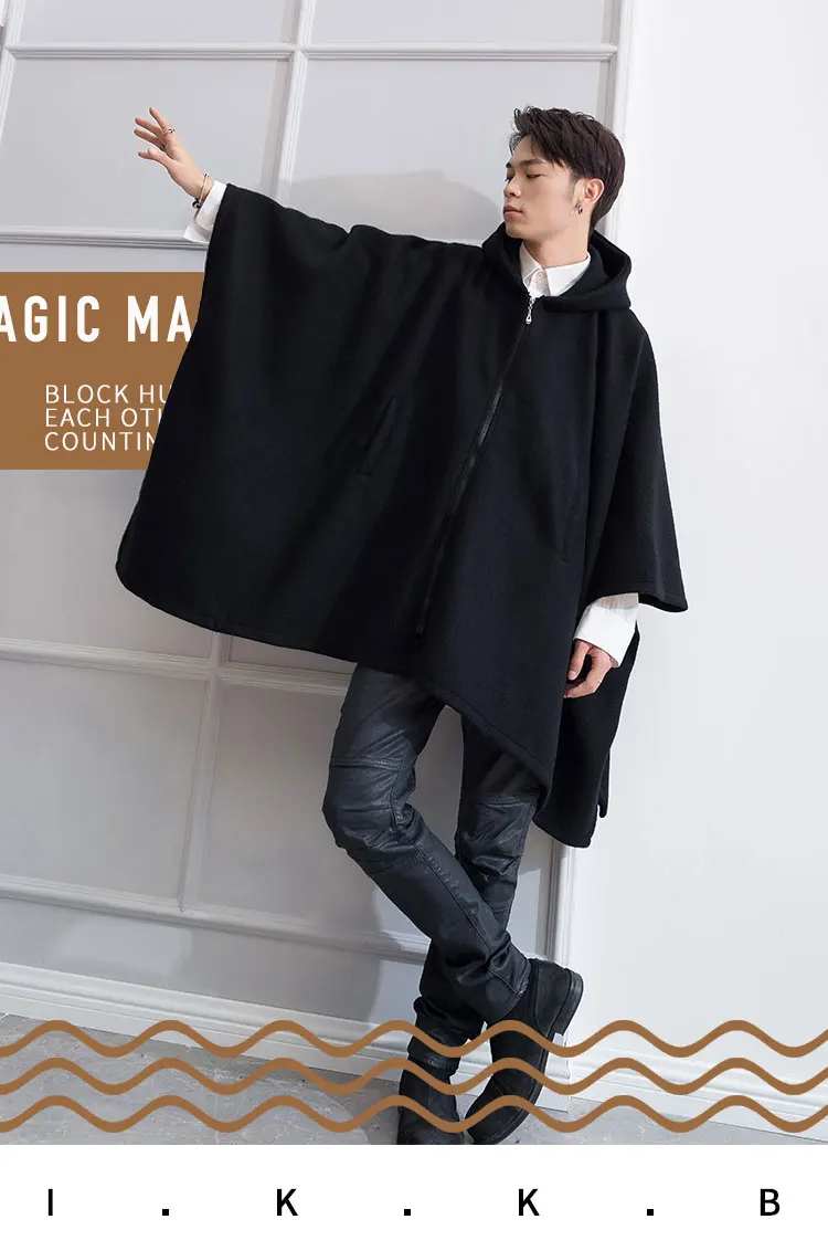 

New Youth Autumn and winter tide men's coat loose personality Cape Cape Cape Long coat tweed thick wool coat