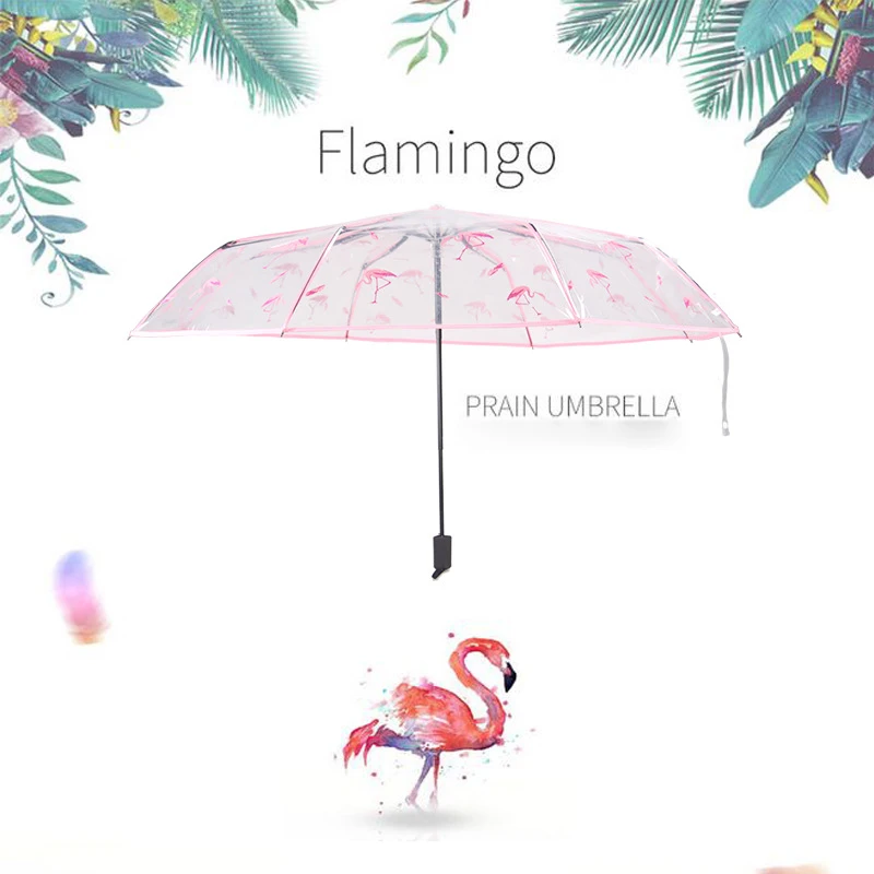 Flamingo Transparent Plasstic Three Fold Men Women Rain Umbrella Automatic Umbrellas Girls Kids Outdoor Hiking Windproof Parosal