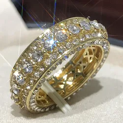 Fashion Gold Color Round Crystal Zircon Women's Ring Inlaid Rhinestone Female Ring for Party Jewelry Accessories Size 5-11