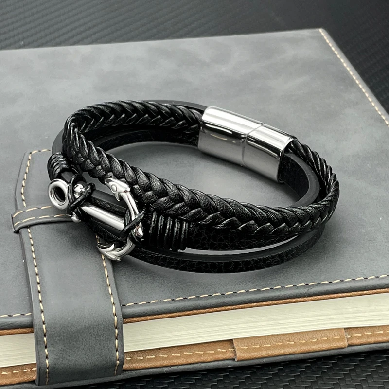 Fashion Charm Cross Men Bracelet Multilayer Leather Bracelet Punk Jewelry Stainless Steel Magnetic Clasp Bangles Boho Bracelet