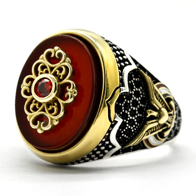 New authentic sterling silver antique Turkish red agate ring with spinel men\'s colorful punk style