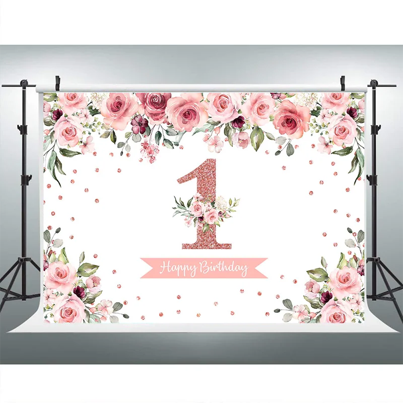 1st誕生日の女の子背景ローズゴールド花パーソナライズ写真撮影フォトスタジオの背景装飾バナー