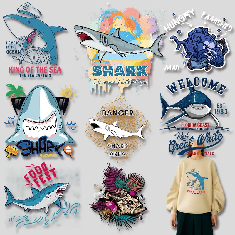 Captain Shark Cartoon Stickers Patches for Clothing DIY T-shirt Heat Vinyl Ironing Stickers Decor DIY Appliques