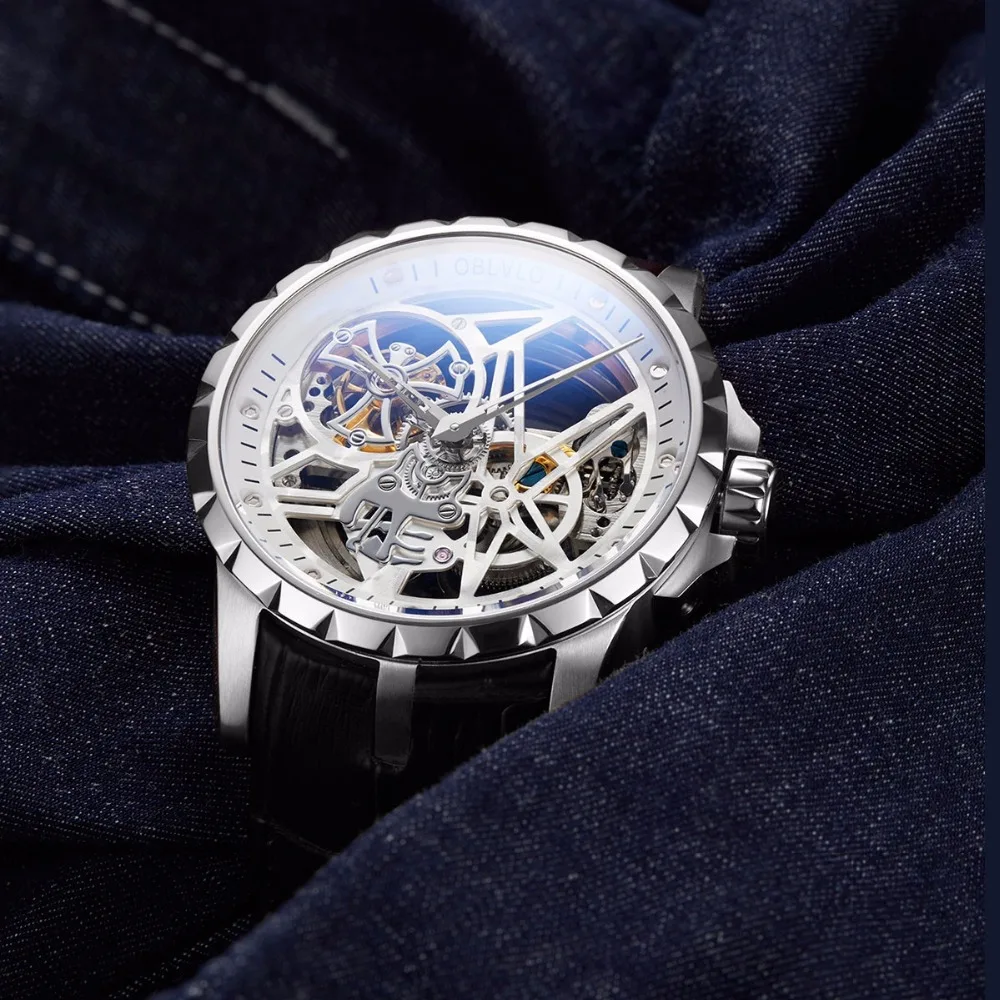 Reloj de marca de lujo para hombre, relojes automáticos para hombre, reloj de pulsera mecánico de diseño OBLVLO para hombre, reloj de pulsera mecánico con esfera grande, correa de cuero