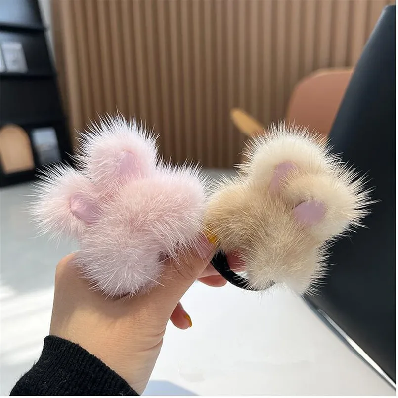 2 Pieces Real Mink Fur Hairband  Cute Bunny Pompom Hair Ties Elastic Ponytail holders For Girls  Women Accessories Gift