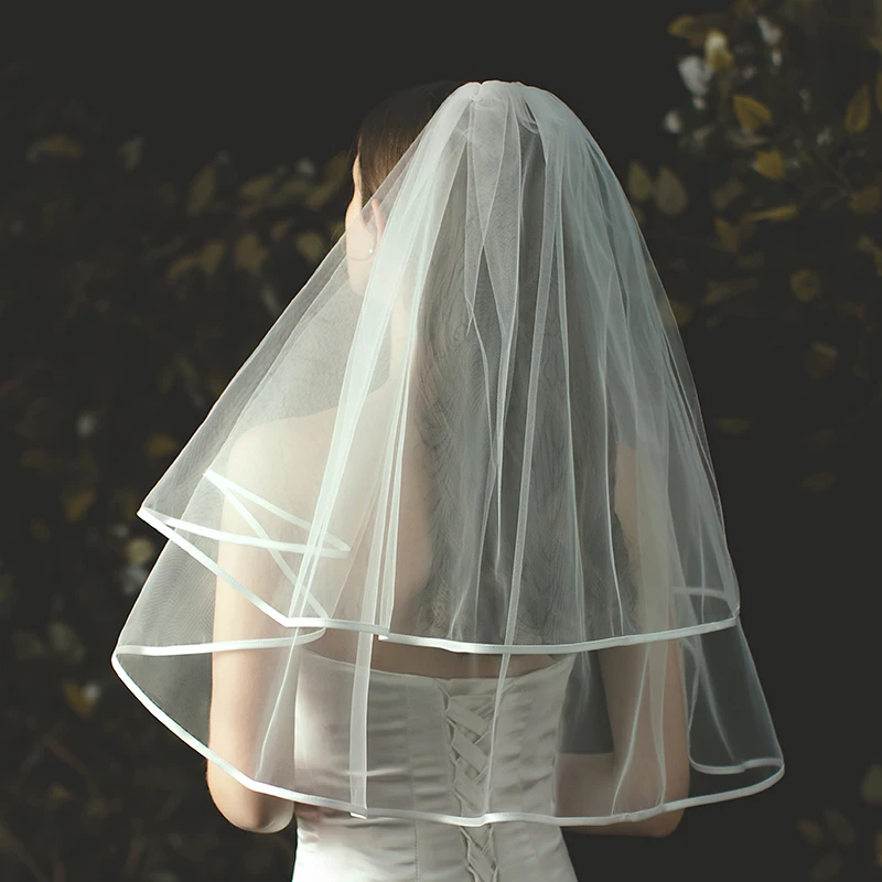 2T Wedding Veil Short Tulle Ribbon Edge Bridal Veils Two Layer Ivory White Elegant Shoulder Length Bride Veil