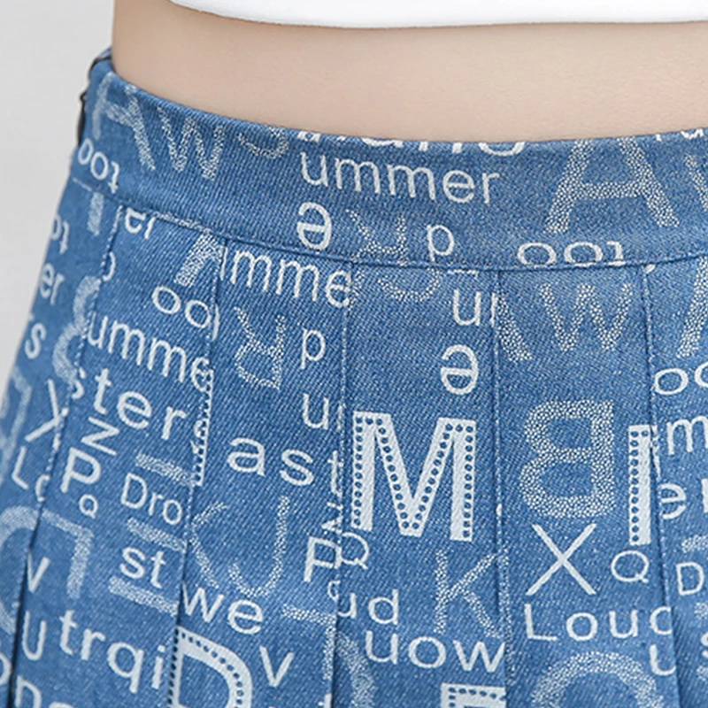 Summer Korean Women Printed Letters Pleated Slim Mini Skirt Female High Waist Casual A-Line Skirts Imitation Denim Skirt 2023