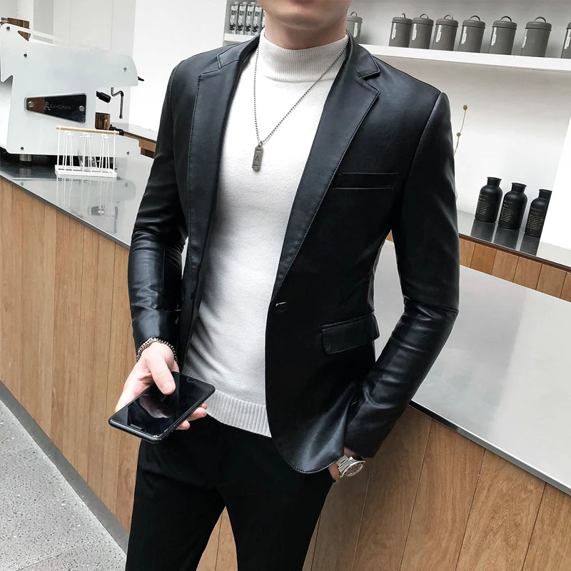 2023 Brand clothing Fashion Male High quality slim fit Casual leather jacket/Men\'s retro style leather suit/Blazers Cats S-4XL