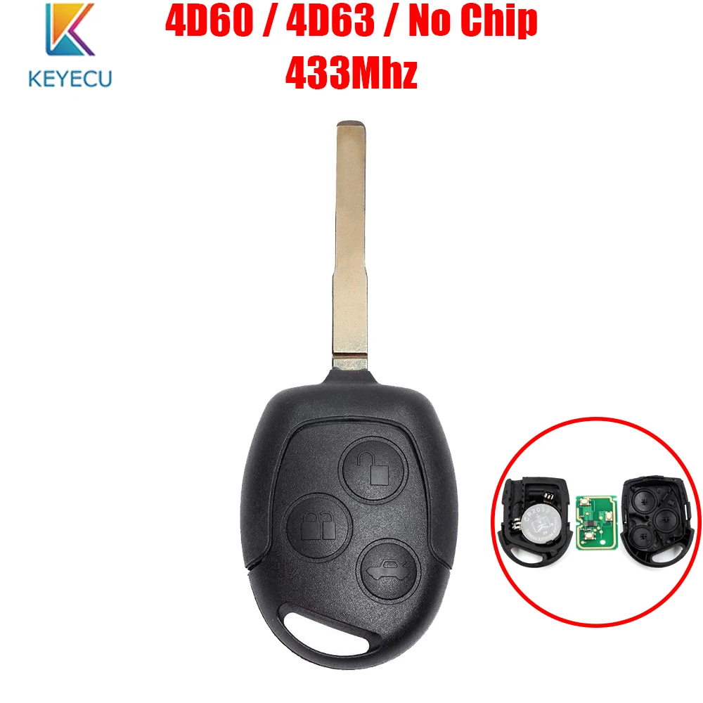 

Keyecu Remote Car Key Fob 3 Buttons 433Mhz 4D60 / 4D63 / No Chip for Ford Fiesta 2011-2016 Mondeo Focus 2005-2007