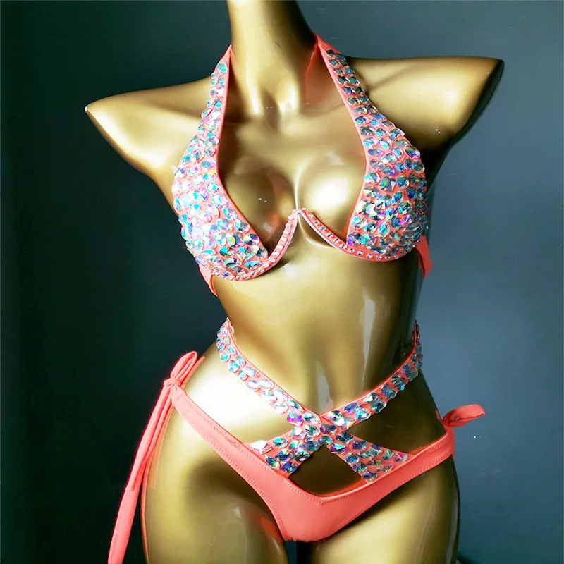 

Sexy Club Party Nightclub Bar DJ Gogo Dancer Rave Outfit Women Pink Rhinestones Bikini Poe Dance Costume