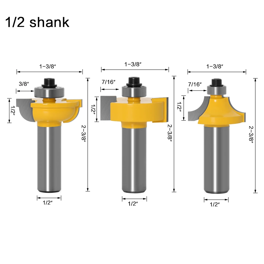 3pcs/set Glass door plank wood working tools curboard cutter router bits 1/2 shank 12mm shank 8mm Shank T type ballnose