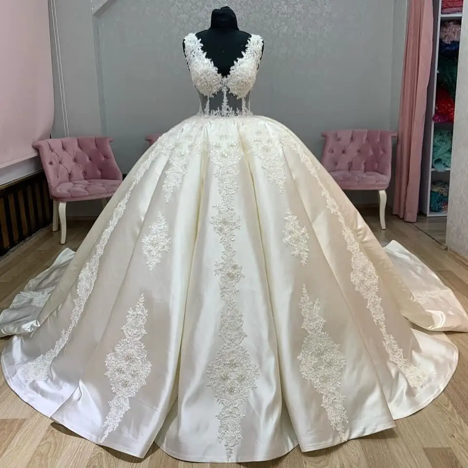 Vestido de novia de satén sin mangas con escote en V para mujer, traje de novia de princesa, con apliques de encaje y Espalda descubierta, 2022