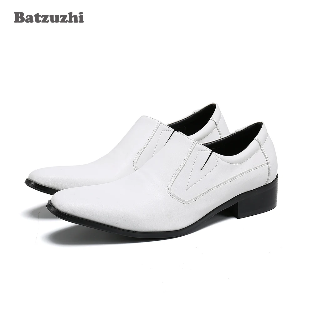 

Batzuzhi Handmade Men's Leather Dress Shoes Pointed Toe Formal Business Leather Shoes Men Slip on White Party and Wedding Shoes