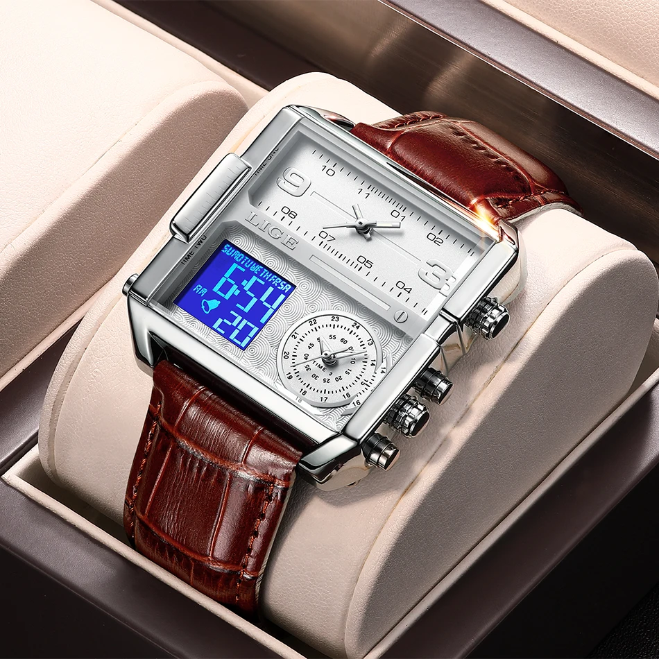 LIGE 2025 Top Brand Luxury Mens Watches Square Digital Sports Quartz Wrist Watch for Men Waterproof Stopwatch Relogio Masculino