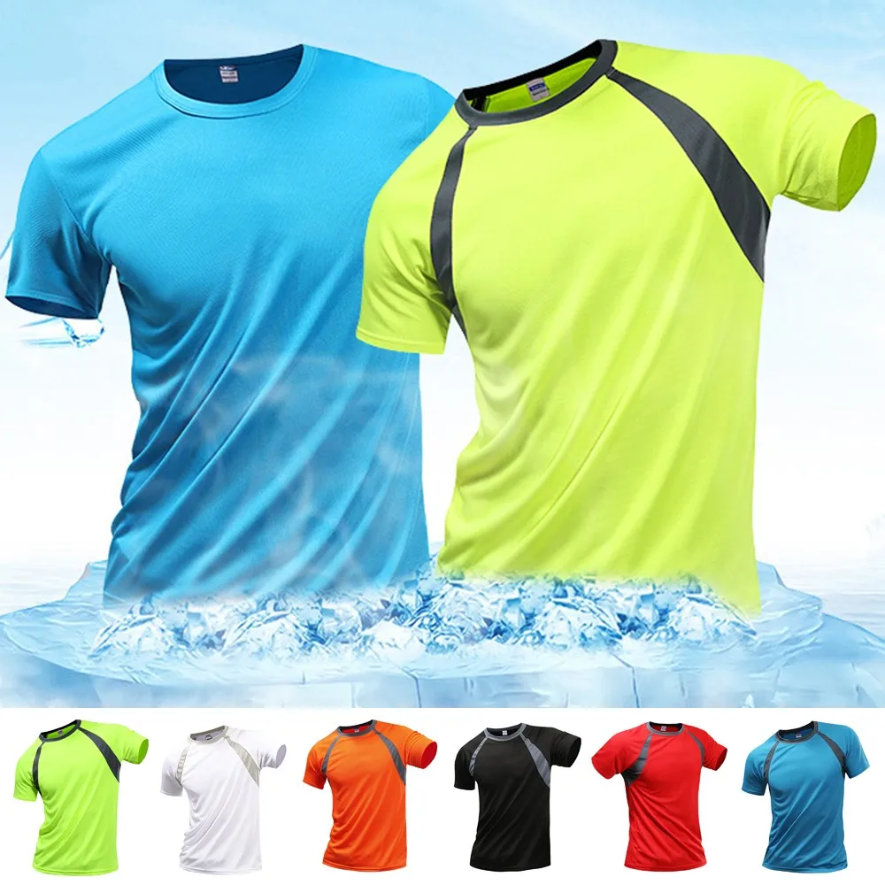 2021 Summer Men Breathable T-Shirt Quick Dry Athletic Wicking Cool Running Gym Sports Tops Training Jogging Shirt Gym Sportswear