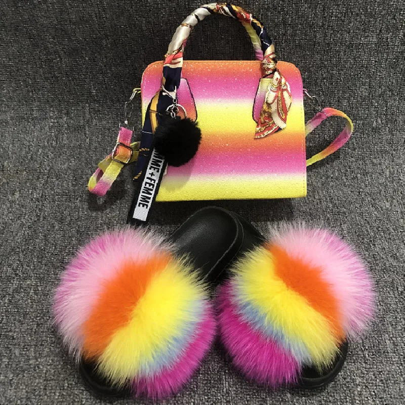 Women Real Fox Fur Slides Rainbow Fluffy Furry Sandals With Matching Purses Cute Plush Raccoon Fur Slippers Ladies Handbag Hot