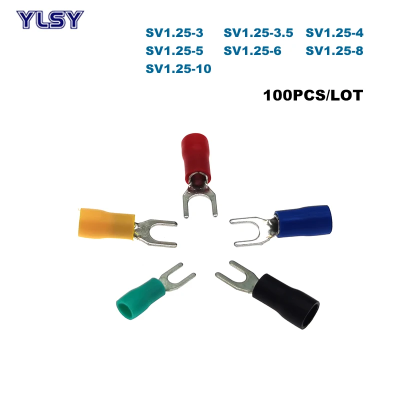 

100Pcs Spade Insulated Crimp Terminals Electric Wire Cable Connector SV1.25-3/4/5/6/8/10 Furcate Ferrules 22-16AWG 0.5-1.5mm2