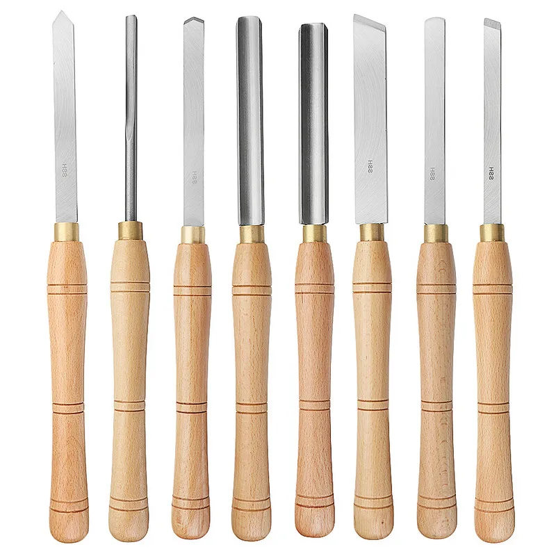 New High Speed Steel Lathe Chisel Wood Turning Tool With Wood Handle Woodworking Tool 8 Types Durable HSS Blade Lathe Set