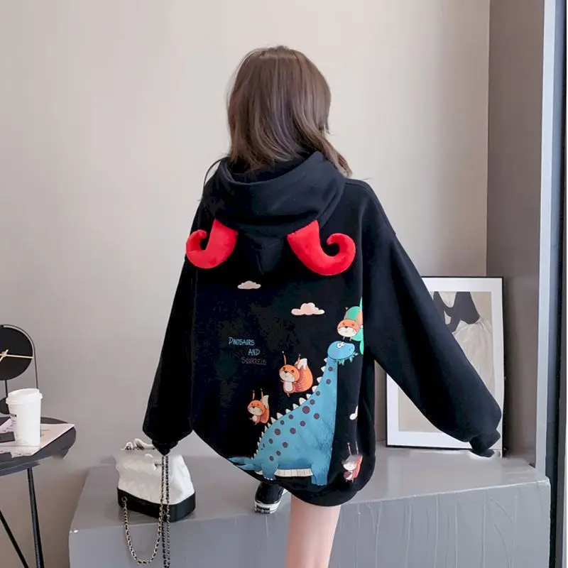 2024 Autumn Winter New Hoodies Women Korean Plus Velvet Thick Hooded Jackets Women Student Loose Cartoon Calf Horn Kawaii Hoodie