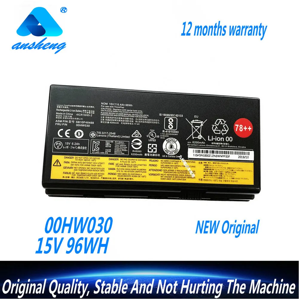 

NEW 15V 96WH 00HW030 01AV451 Laptop Battery For Lenovo ThinkPad P70 P71 P72 Series SB10F46468 4ICR18/65-2 78+