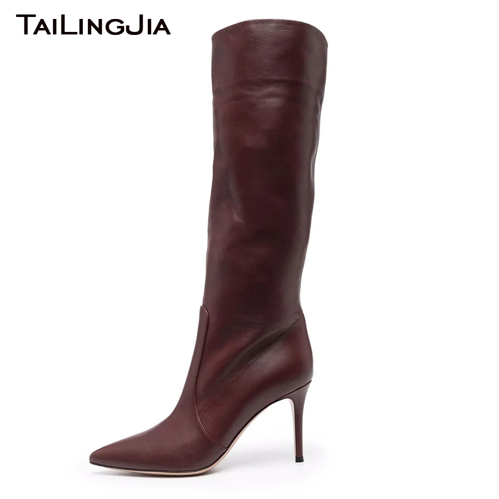 Burgundy Knee Boots for Women Stiletto High Heel Pointed Toe Winter Shoes Ladies Large Size Slip-on Long Boot Sexy Footwear 2024