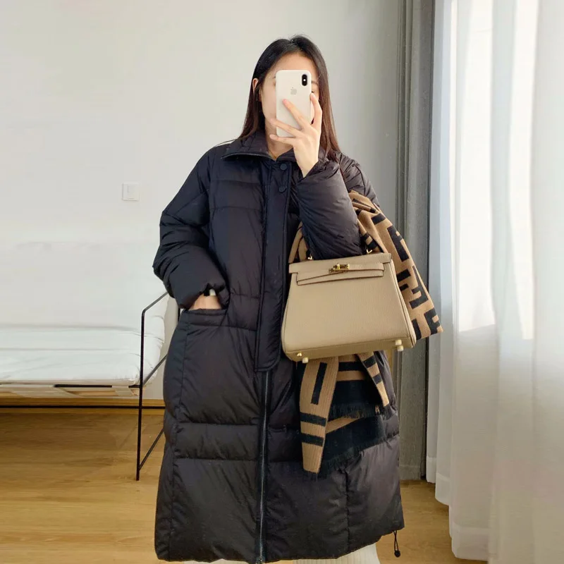 Winter Women Camel color Long down jacket Fashion Oversized Pockets Female long down coat Zipper warm Overcoat 2022 INKEO 1O240