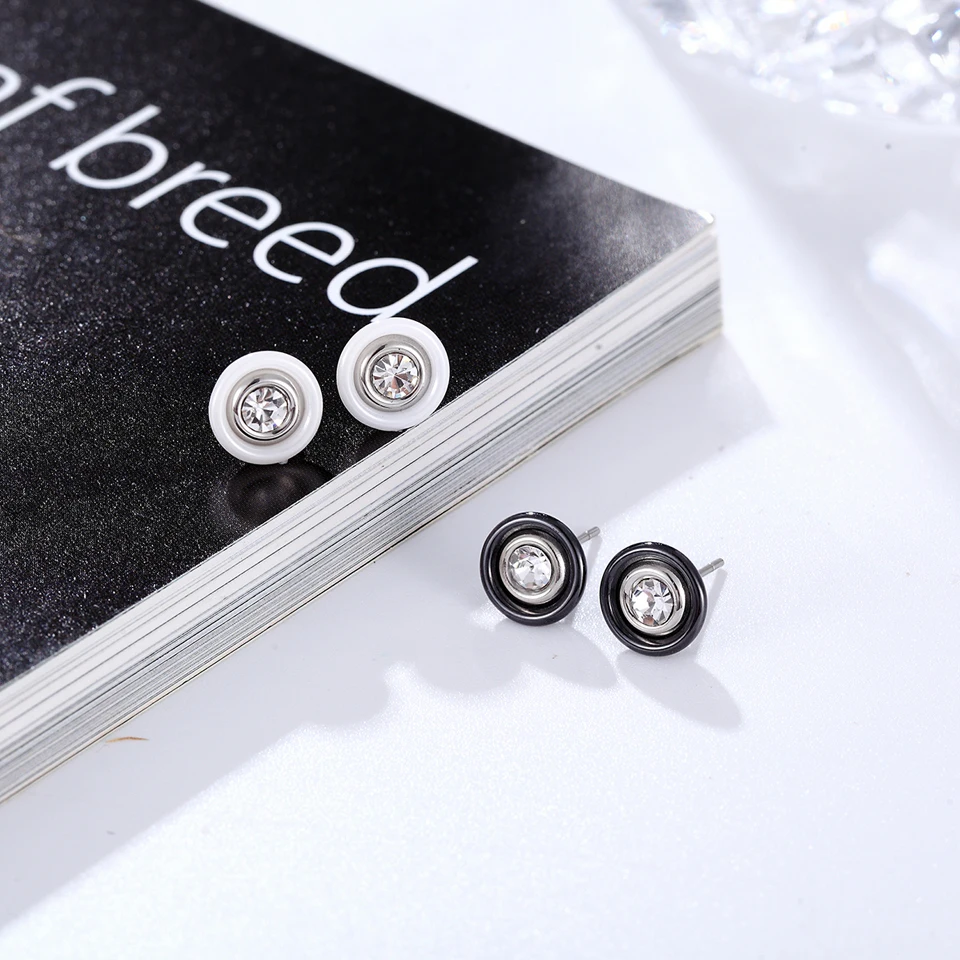 Fashion Wedding Bijoux Black White Ceramic Stud Earrings For Women With Big Carat AAA Health Ceramic Round Zirconia Earring Girl