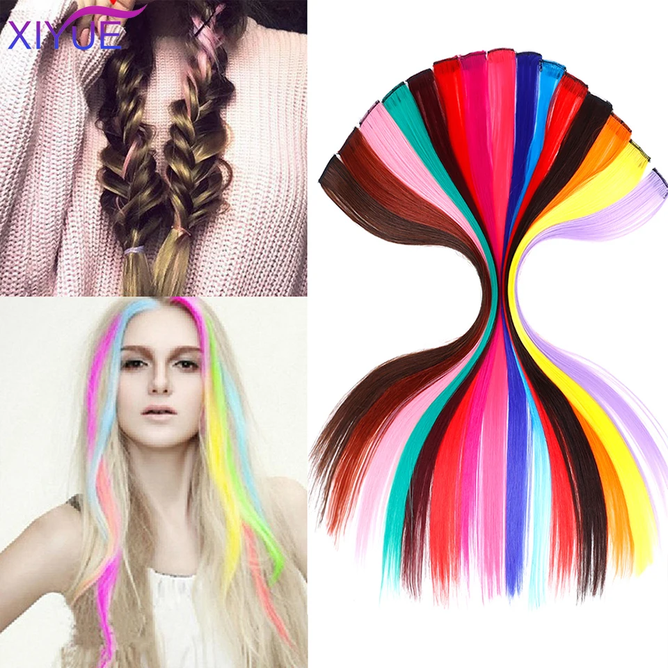 Long Straight Color Synthetic Hair Piece Hair Extensions Clip In High Temperature Rainbow Hair Streak Pink Synthetic Hair Strand