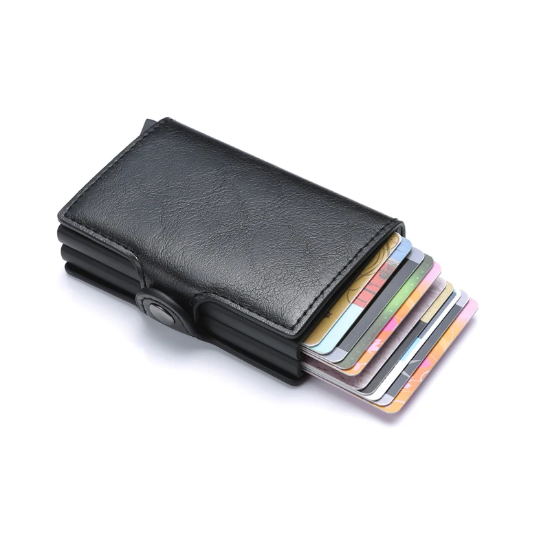 2022 Pu Leather Double Metal ID Credit Card Holder With RFID Vintage Card Case Automatic Money Cash Clip Mini Wallet Business