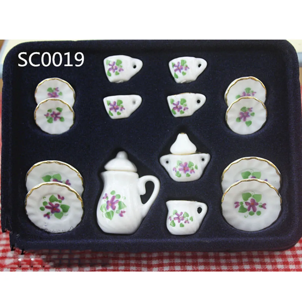 15Pcs 1/12 Dollhouse Miniature Accessories Mini Ceramics Tea Set Simulation Kettle Plate Cup Model Doll House Decoration ob11