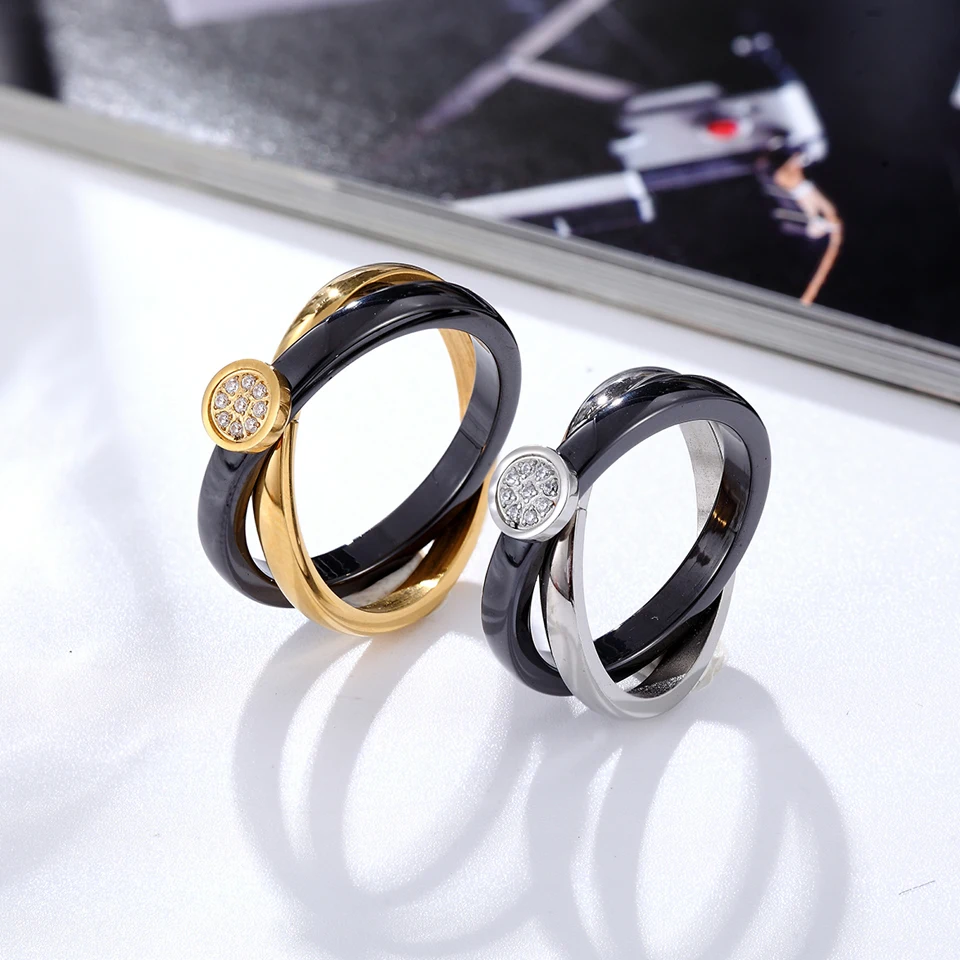 New Design X shape Cross Ring Female Fashion Micro Paved CZ Crystal Rings Infinity Sign Women Stainless Steel Ceramics Rings