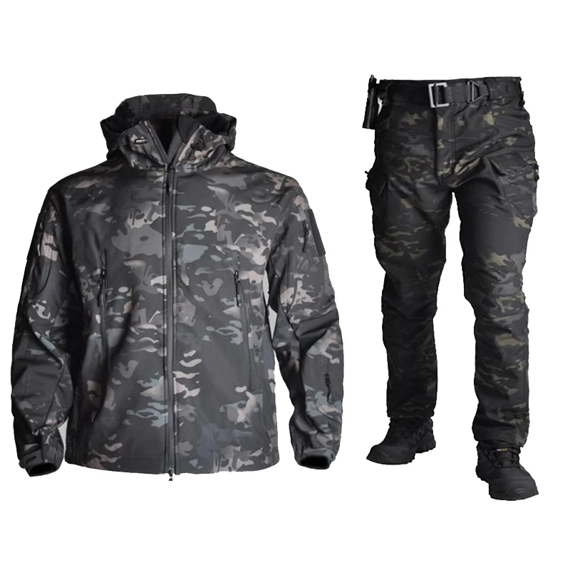 Military Tactical Softshell TAD Jacket Men Hunting Clothes Suits Uniform Outdoor Hiking Camping Hooded Jacket + Pants