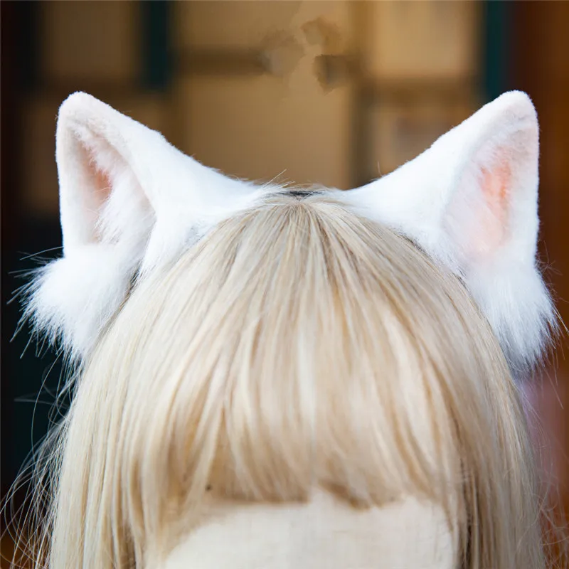 

Handmade Work White Anime Cat Neko Ears Hairhoop Headwear For Lolita Cosplay Costume Accessories