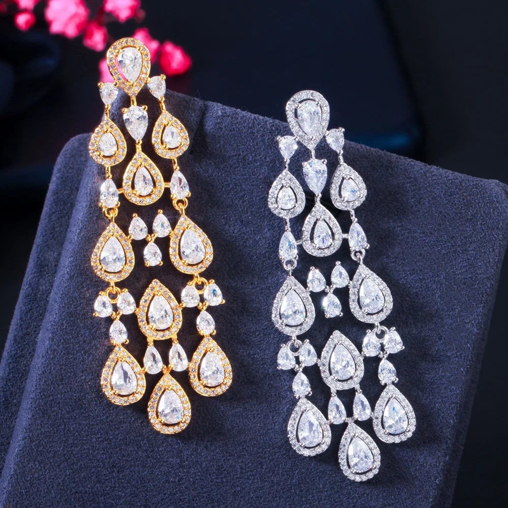 Pera High Quality African CZ Zircon Yellow Gold Color Long Dangle Chandelier Drop Earrings for Women Fashion Accessories E666