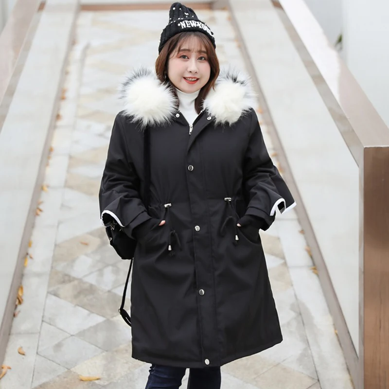 8XL Oversized Winter Coat Women Fashion Big Fur Collar Ruffle Long Cotton Liner Hooded Parka Women Plus Velvet Warm Jacket Coat