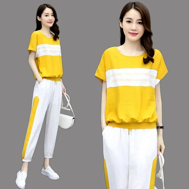 Fashion Summer Sports Pant Suits Women Top+Trousers Sets Femme O-Neck T-Shirt+Pants New Two-Piece Set Woman High Waist