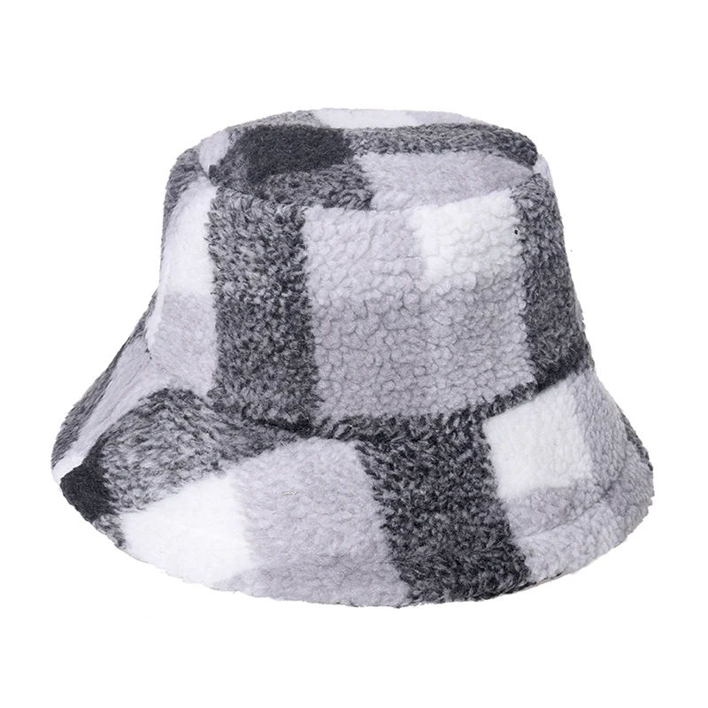 FOXMOTHER Fashion Outdoor Bob Warm Lamb Faux Fur Fluffy Fishing Caps Mens Women Winter Check Tartan Plaid Bucket Hats Ladies